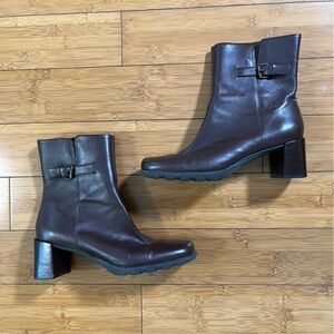 London Fog Nash Buckle Chocolate Leather Ankle Block Heel Boots